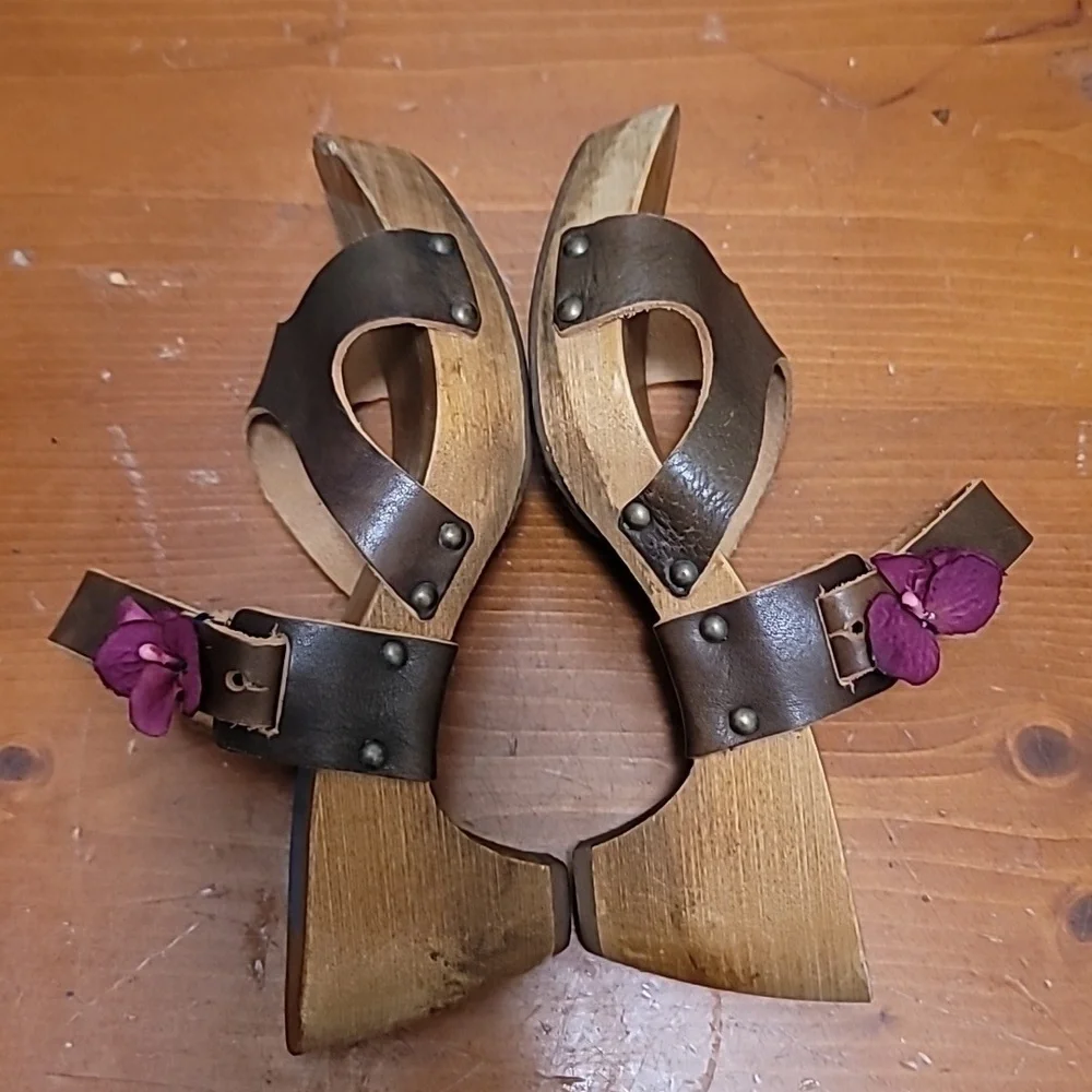 VINTAGE DIESEL WOMEN'S BROWN LEATHER AND WOOD BLOCK HEEL SANDAL SZ 6 - Picture 5 of 9